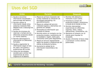 Usos del SGD
           Antes                              Durante                                   Después
1.  Ayuda a encontrar            1.  Mejora la primera impresión del       1.  Permite info-delizarlo y
    información actualizada y        turista mediante la utilización de        motivarlo a que vuelva.
    estructurada del destino.        tecnología podcasting o la            2.  Fomenta la compra de
2.  Permite utilizar la              georeferenciación.                        productos locales y autóctonos
    información desde otros      2.  Mejora la calidad del servicio            a través de la tienda on-line.
    sistemas mediante RSS,           visitando lugares y elementos con     3.  Permite intercambiar
    WebServices o descarga de        garantía de calidad.                      experiencias en diferentes
    archivos.                    3.  Personaliza la información que            soportes, fotos, videos,
3.  Facilita los procesos de         necesita el cliente.                      valoraciones, comentarios, etc.
    reservas y compra de los     4.  Permite entrar en contacto con los    4.  Mantiene el contacto con el
    diferentes productos desde       productos locales y autóctonos de         cliente para impulsar la
    un mismo sistema.                la localidad o región, tanto para         escapada.
4.  Permite descargarse la           conocerlos como para degustarlos.     5.  Ayuda a fomentar el boca oreja
    información en diferentes    5.  Mejora el servicio segmentando            y convencer a otros clientes
    formatos.                        según los gustos y preferencias del       potenciales.
5.  Ayuda a segmentar la             cliente el producto turístico.
    información según el tipo    6.  Aumenta la calidad de la
    de viaje y los gustos y          información transmitida a los
    preferencias del turista.        clientes.
6.  Utiliza las tecnologías
    sociales para conocer las
    experiencias de otros
    viajeros en el destino.




   12/4/10  Departamento de Marke3ng ‐ Socialtec                                                            176 
 