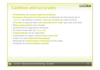 Cambios estructurales
  Proliferación de nuevos destinos turísticos
  Creciente utilización de Internet en la obtención de información par la
   elección de destinos turísticos, reservas y pagos de viajes turísticos
  El turista en general tiene más experiencia en viajar que hace unos años
  Mayor segmentación del mercado
  Aumento de la organización individual
  El nuevo turista cada vez viaja más
  Fragmentación de las vacaciones
  Contratación de viajes a última hora y low cost
  Viajes a la carta (Dynamic Packaging)
  Búsqueda de experiencias y emociones en los viajes
  Utilización de las tecnologías sociales




  12/4/10  Departamento de Marke3ng ‐ Socialtec                               31 
 