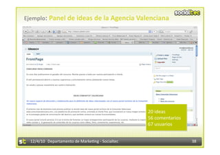 Ejemplo: Panel de ideas de la Agencia Valenciana 




                                                   20 ideas 
                                                   56 comentarios 
                                                   67 usuarios 


  12/4/10  Departamento de Marke3ng ‐ Socialtec                      38 
 