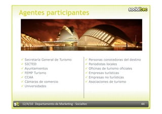 Agentes participantes




  Secretaría General de Turismo               Personas conocedoras del destino
  SICTED                                      Periodistas locales
  Ayuntamientos                               Oficinas de turismo oficiales
  FEMP Turismo                                Empresas turísticas
  CCAA                                        Empresas no turísticas
  Cámaras de comercio                         Asociaciones de turismo
  Universidades




 12/4/10  Departamento de Marke3ng ‐ Socialtec                                     44 
 