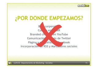 
 ¿POR DONDE EMPEZAMOS?
                      Blog corporativo
                     Cuenta en FlickR
               Branded channel en YouTube
             Comunicación a través de Twitter
              Página y campañas en Facebook



                                                           
        Incorporación de RSS y Marcadores sociales




12/4/10  Departamento de Marke3ng ‐ Socialtec         71 
 