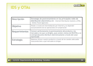 IDS y OTAs

Descripción            Estrategia de posicionamiento en las principales webs de
                       distribución electrónica (IDS - Internet Distribution Systems y OTAs
                       – Online Travel Agencies)

Objetivo               Vender a través de intermediación por Internet y no depender
                       exclusivamente de las operaciones en turoperación

Requerimientos         Conocer perfectamente el posicionamiento del producto y los
                       mercados a los que va dirigido, pues existen cientos de IDS/OTAs y es
                       contraproducente distribuir electrónicamente a través del canal
                       equivocado

Estrategia             Debemos ofrecer nuestro producto a través de los canales adecuados
                       conociendo bien a qué mercados se dirigen




 12/4/10  Departamento de Marke3ng ‐ Socialtec                                                94 
 