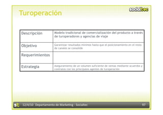 Turoperación

Descripción           Modelo tradicional de comercialización del producto a través
                      de turoperadores y agencias de viaje


Objetivo              Garantizar resultados mínimos hasta que el posicionamiento en el resto
                      de canales se consolide

Requerimientos


Estrategia            Aseguramiento de un volumen suficiente de ventas mediante acuerdos y
                      contratos con los principales agentes de turoperación




12/4/10  Departamento de Marke3ng ‐ Socialtec                                                  97 
 