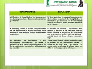 GENERALIDADES EXPLICACION 
e) Mantener la integridad de los documentos, 
mediante agrupaciones documentales, en series 
y subseries. 
Se debe garantizar el acceso a los documentos 
electrónicos, asegurando la integridad de la 
información que contienen los documentos así 
como la durabilidad de los soportes en la cual 
se en cuetren. 
f) Permitir y facilitar el acceso y disponibilidad 
de los documentos de archivo por parte de la 
ciudadanía y de la propia entidad, cuando sean 
requeridos. 
El Sistema de Gestión Documental debe 
permitir y facilitar a los usurarios internos 
como externos el acceso de la información 
que se encuentran en los archivos, siempre y 
cuando estos no tenga ninguna restricción 
legal. 
g) Preservar los documentos y sus 
agrupaciones documentales, en series y 
subseries, a largo plazo, independientemente de 
los procedimientos tecnológicos utilizados para 
su creación 
Si se cuenta con un Sistema tecnológico para 
el manejo de los documentos, series y 
subseries se debe tener en cuenta su 
conservación o salvaguarda a largo plazo, con 
el fin de poder recuperar la información 
 