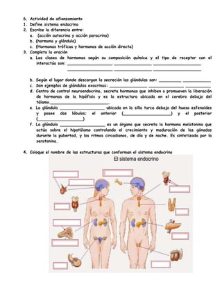 6. Actividad de afianzamiento
1. Define sistema endocrino
2. Escribe la diferencia entre:
a. (acción autocrina y acción pa...