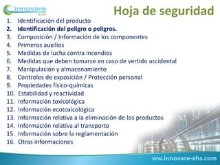 1. Identificación del producto
2. Identificación del peligro o peligros.
3. Composición / Información de los componentes
4. Primeros auxilios
5. Medidas de lucha contra incendios
6. Medidas que deben tomarse en caso de vertido accidental
7. Manipulación y almacenamiento
8. Controles de exposición / Protección personal
9. Propiedades físico-químicas
10. Estabilidad y reactividad
11. Información toxicológica
12. Información ecotoxicológica
13. Información relativa a la eliminación de los productos
14. Información relativa al transporte
15. Información sobre la reglamentación
16. Otras informaciones
Hoja de seguridad
 