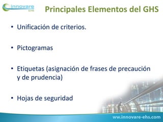 • Unificación de criterios.
• Pictogramas
• Etiquetas (asignación de frases de precaución
y de prudencia)
• Hojas de seguridad
Principales Elementos del GHS
 