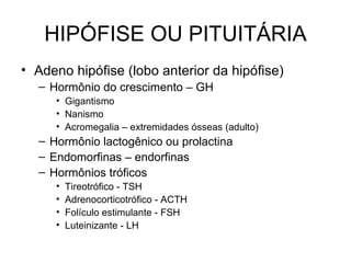 HIPÓFISE OU PITUITÁRIA
• Adeno hipófise (lobo anterior da hipófise)
  – Hormônio do crescimento – GH
     • Gigantismo
     • Nanismo
     • Acromegalia – extremidades ósseas (adulto)
  – Hormônio lactogênico ou prolactina
  – Endomorfinas – endorfinas
  – Hormônios tróficos
     •   Tireotrófico - TSH
     •   Adrenocorticotrófico - ACTH
     •   Folículo estimulante - FSH
     •   Luteinizante - LH
 