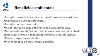 17
Benefícios ambientais
•Redução da necessidade de abertura de novas áreas agrícolas;
•Diminuição do uso de agrotóxicos;
•Redução do risco de erosão;
•Maior recarga de água e melhoria da qualidade da água;
•Melhoria das condições microclimáticas, como fornecimento de
sombra aos animais e redução do vento nas áreas de lavoura;
•Maior ciclagem de nutrientes;
•Menor emissão de metano pela pecuária;
 