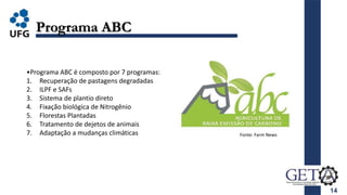 14
Programa ABC
•Programa ABC é composto por 7 programas:
1. Recuperação de pastagens degradadas
2. ILPF e SAFs
3. Sistema de plantio direto
4. Fixação biológica de Nitrogênio
5. Florestas Plantadas
6. Tratamento de dejetos de animais
7. Adaptação a mudanças climáticas Fonte: Farm News
 