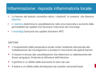 La lesione del tessuto connettivo attiva i mastociti, ivi presenti, che liberano  istamina L’  istamina  determina la vasodilatazione nella zona lesionata e aumento della permeabilità dei capillari che favorisce l’intervento dei macrofagi I  macrofagi  fuoriusciti dai capillari diventano APC Infiammazione: risposta infiammatoria locale SINTOMI L’innalzamento della temperatura locale rende l’ambiente sfavorevole alla moltiplicazione dei microrganismi e accelera il movimento dei globuli bianchi Il rossore è dovuto alla vasodilatazione che determina un rallentamento del flusso sanguigno, limitando la diffusione dell’infezione Il gonfiore è un effetto della fuoriuscita di siero dai vasi Il dolore è un effetto dalla stimolazione dei recettori sensoriali locali 