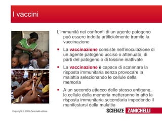 I vaccini L’immunità nei confronti di un agente patogeno può essere indotta artificialmente tramite la vaccinazione   La  vaccinazione  consiste nell’inoculazione di un agente patogeno ucciso o attenuato, di parti del patogeno o di tossine inattivate  La  vaccinazione  è  capace di scatenare la risposta immunitaria senza provocare la malattia selezionando le cellule della memoria A un secondo attacco dello stesso antigene, le cellule della memoria metteranno in atto la risposta immunitaria secondaria impedendo il manifestarsi della malattia 