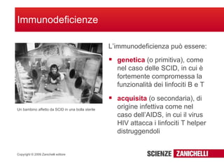 L’immunodeficienza può essere: Immunodeficienze genetica  (o primitiva), come nel caso delle SCID, in cui è fortemente compromessa la funzionalità dei linfociti B e T acquisita  (o secondaria), di origine infettiva come nel caso dell’AIDS, in cui il virus HIV attacca i linfociti T helper distruggendoli Un bambino affetto da SCID in una bolla sterile 