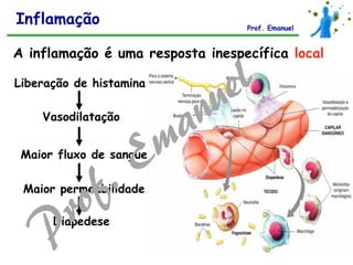 A inflamação é uma resposta inespecífica local
Liberação de histamina
Vasodilatação
Maior fluxo de sangue
Maior permeabilidade
Diapedese
Inflamação Prof. Emanuel
 