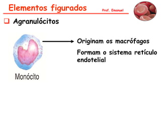 Elementos figurados     Prof. Emanuel


 Agranulócitos

                  Originam os macrófagos
                  Formam o sistema retículo
                  endotelial
 