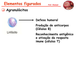 Elementos figurados      Prof. Emanuel


 Agranulócitos

                  Defesa humoral
                  Produção de anticorpos
                  (Células B)
                  Reconhecimento antigênico
                  e ativação da resposta
                  imune (células T)
 