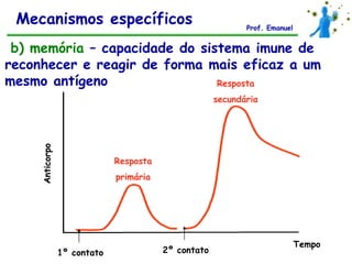 Mecanismos específicos                                      Prof. Emanuel


 b) memória – capacidade do sistema imune de
reconhecer e reagir de forma mais eficaz a um
mesmo antígeno                 Resposta
                                                      secundária
     Anticorpo




                              Resposta
                              primária




                                                                             Tempo
                 1º contato              2º contato
 