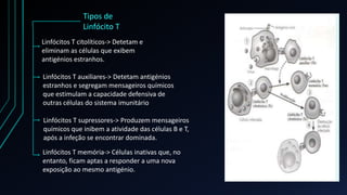 Tipos de
Linfócito T
Linfócitos T citolíticos-> Detetam e
eliminam as células que exibem
antigénios estranhos.
Linfócitos T auxiliares-> Detetam antigénios
estranhos e segregam mensageiros químicos
que estimulam a capacidade defensiva de
outras células do sistema imunitário
Linfócitos T supressores-> Produzem mensageiros
químicos que inibem a atividade das células B e T,
após a infeção se encontrar dominada.
Linfócitos T memória-> Células inativas que, no
entanto, ficam aptas a responder a uma nova
exposição ao mesmo antigénio.
 
