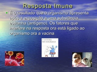 RReessppoossttaa IImmuunnee 
• ÉÉ oo rreessuullttaaddoo qquuee oo oorrggaanniissmmoo aapprreesseennttaa 
aappóóss aa eexxppoossiiççããoo aa uummaa ssuubbssttâânncciiaa 
eessttrraannhhaa ((aannttííggeennoo)).. OOss ffaattoorreess qquuee 
iinntteerrffeerree nnaa rreessppoossttaa oorraa eessttáá lliiggaaddoo aaoo 
oorrggaanniissmmoo oorraa aa vvaacciinnaa 
 