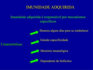 IMUNIDADE ADQUIRIDA

      Imunidade adquirida é responsável por mecanismos
                         específicos

                        Demora alguns dias para se estabelecer


                         Grande especificidade
Características
                         Memória imunológica


                         Dependente de linfócitos
 