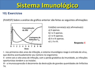 10) Exercícios
Sistema ImunológicoSistema Imunológico
(FUVEST) Sobre a análise do gráfico anterior são feitas as seguintes afirmações:
I - nos primeiros dois anos da infecção, o sistema imunológico reage à entrada do vírus,
que declina acentuadamente seu número no organismo;
II - entre seis e oito anos de infecção, com a perda gradativa da imunidade, as infecções
oportunistas tendem a se instalar;
III - a imunossupressão é decorrente da destruição de grandes quantidades de linfócitos
T4.
:
Está(ão) correta(s) a(s) afirmativa(s):
a) II apenas.
b) I e II apenas.
c) I e III apenas.
d) II e III apenas.
e) I, II e III.
Resposta: E
 