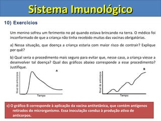 10) Exercícios
Um menino sofreu um ferimento no pé quando estava brincando na terra. O médico foi
inconformado de que a criança não tinha recebido muitas das vacinas obrigatórias.
a) Nessa situação, que doença a criança estaria com maior risco de contrair? Explique
por quê?
b) Qual seria o procedimento mais seguro para evitar que, nesse caso, a criança viesse a
desenvolver tal doença? Qual dos gráficos abaixo corresponde a esse procedimento?
Justifique.
Sistema ImunológicoSistema Imunológico:
a) Tétano, os esporos da bactéria (Clostridium tetani) são encontrados
preferencialmente em meio a terra.
b) Aplicar soro anti-tetânico que contém anticorpos prontos que irão combater
imediatamente as toxinas produzidas pelas bactérias. Gráfico (A), apresenta um
rápido aumento de anticorpos após a aplicação do soro.
c) O gráfico B corresponde à aplicação da vacina antitetânica, que contém antígenos
retirados do microrganismo. Essa inoculação conduz à produção ativa de
anticorpos.
 