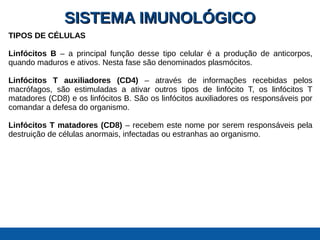 SISTEMA IMUNOLÓGICOSISTEMA IMUNOLÓGICO
TIPOS DE CÉLULAS
Linfócitos B – a principal função desse tipo celular é a produção de anticorpos,
quando maduros e ativos. Nesta fase são denominados plasmócitos.
Linfócitos T auxiliadores (CD4) – através de informações recebidas pelos
macrófagos, são estimuladas a ativar outros tipos de linfócito T, os linfócitos T
matadores (CD8) e os linfócitos B. São os linfócitos auxiliadores os responsáveis por
comandar a defesa do organismo.
Linfócitos T matadores (CD8) – recebem este nome por serem responsáveis pela
destruição de células anormais, infectadas ou estranhas ao organismo.
 