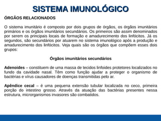 SISTEMA IMUNOLÓGICOSISTEMA IMUNOLÓGICO
ÓRGÃOS RELACIONADOS
O sistema imunitário é composto por dois grupos de órgãos, os órgãos imunitários
primários e os órgãos imunitários secundários. Os primeiros são assim denominados
por serem os principais locais de formação e amadurecimento dos linfócitos. Já os
segundos, são secundários por atuarem no sistema imunológico após a produção e
amadurecimento dos linfócitos. Veja quais são os órgãos que compõem esses dois
grupos:
Órgãos imunitários secundários
Adenoides – constituem de uma massa de tecidos linfoides protetores localizados no
fundo da cavidade nasal. Têm como função ajudar a proteger o organismo de
bactérias e vírus causadores de doenças transmitidas pelo ar.
Apêndice cecal – é uma pequena extensão tubular localizada no ceco, primeira
porção do intestino grosso. Através da atuação das bactérias presentes nessa
estrutura, microrganismos invasores são combatidos.
 