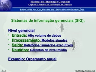 2.12 © 2003 by Prentice Hall
Sistemas de informação gerenciais (SIG):
Nível gerencialNível gerencial
• Entrada:Entrada: Alto volume de dadosAlto volume de dados
• ProcessamentoProcessamento:: Modelos simplesModelos simples
• Saída:Saída: Relatórios/ sumários executivosRelatórios/ sumários executivos
• Usuários:Usuários: Gerentes de nível médioGerentes de nível médio
Exemplo: Orçamento anualExemplo: Orçamento anual
Sistemas de Informação GerencialSistemas de Informação Gerencial
Capítulo 2 Sistemas de Informação na EmpresaCapítulo 2 Sistemas de Informação na Empresa
PRINCIPAIS APLICAÇÕES DE SISTEMAS NAS ORGANIZAÇÕES
 