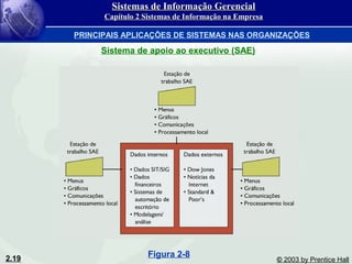 2.19 © 2003 by Prentice Hall
Sistema de apoio ao executivo (SAE)
Figura 2-8
Sistemas de Informação GerencialSistemas de Informação Gerencial
Capítulo 2 Sistemas de Informação na EmpresaCapítulo 2 Sistemas de Informação na Empresa
PRINCIPAIS APLICAÇÕES DE SISTEMAS NAS ORGANIZAÇÕES
 
