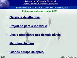 2.20 © 2003 by Prentice Hall
• Gerencia de alto nívelGerencia de alto nível
• Projetado para o indivíduoProjetado para o indivíduo
• Liga o presidente aos demais níveisLiga o presidente aos demais níveis
• Manutenção caraManutenção cara
• Grande equipe de apoioGrande equipe de apoio
Sistemas de apoio ao executivo (SAE)
Sistemas de Informação GerencialSistemas de Informação Gerencial
Capítulo 2 Sistemas de Informação na EmpresaCapítulo 2 Sistemas de Informação na Empresa
PRINCIPAIS APLICAÇÕES DE SISTEMAS NAS ORGANIZAÇÕES
 