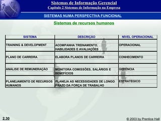 2.30 © 2003 by Prentice Hall
SISTEMA DESCRIÇÃO NÍVEL OPERACIONAL
TRAINING & DEVELOPMENT OPERACIONAL
PLANO DE CARREIRA ELABORA PLANOS DE CARREIRA CONHECIMENTO
ANÁLISE DE REMUNERAÇÃO GERÊNCIA
ESTRATÉGICO
ACOMPANHA TREINAMENTO,
HABILIDADES E AVALIAÇÕES
MONITORA COMISSÕES, SALÁRIOS E
BENEFÍCIOS
PLANEJA AS NECESSIDADES DE LONGO
PRAZO DA FORÇA DE TRABALHO
PLANEJAMENTO DE RECURSOS
HUMANOS
Sistemas de Informação GerencialSistemas de Informação Gerencial
Capítulo 2 Sistemas de Informação na EmpresaCapítulo 2 Sistemas de Informação na Empresa
SISTEMAS NUMA PERSPECTIVA FUNCIONAL
Sistemas de recursos humanos
 