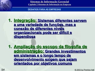 2.4 © 2003 by Prentice Hall
1.1. Integração:Integração: Sistemas diferentes servemSistemas diferentes servem
a uma variedade de funções, mas aa uma variedade de funções, mas a
conexão de diferentes níveisconexão de diferentes níveis
organizacionais pode ser difícil eorganizacionais pode ser difícil e
dispendiosadispendiosa
1.1. Ampliação do escopo da filosofia deAmpliação do escopo da filosofia de
administração:administração: Grandes investimentosGrandes investimentos
em sistemas e o longo tempo deem sistemas e o longo tempo de
desenvolvimento exigem que sejamdesenvolvimento exigem que sejam
orientados por objetivos comunsorientados por objetivos comuns
DESAFIOS PARA AS EMPRESAS
Sistemas de Informação GerencialSistemas de Informação Gerencial
Capítulo 2 Sistemas de Informação na EmpresaCapítulo 2 Sistemas de Informação na Empresa
 