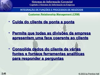 2.40 © 2003 by Prentice Hall
• Cuida do cliente de ponta a pontaCuida do cliente de ponta a ponta
• Permite que todas as divisões da empresaPermite que todas as divisões da empresa
apresentem uma face coerente ao clienteapresentem uma face coerente ao cliente
• Consolida dados do cliente de váriasConsolida dados do cliente de várias
fontes e fornece ferramentas analíticasfontes e fornece ferramentas analíticas
para responder a perguntaspara responder a perguntas
Customer Relationship Management (CRM)
Sistemas de Informação GerencialSistemas de Informação Gerencial
Capítulo 2 Sistemas de Informação na EmpresaCapítulo 2 Sistemas de Informação na Empresa
INTEGRAÇÃO DE FUNÇÕES E PROCESSOS DE NEGÓCIOS
 