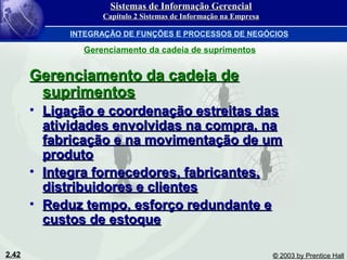 2.42 © 2003 by Prentice Hall
Gerenciamento da cadeia deGerenciamento da cadeia de
suprimentossuprimentos
• Ligação e coordenação estreitas dasLigação e coordenação estreitas das
atividades envolvidas na compra, naatividades envolvidas na compra, na
fabricação e na movimentação de umfabricação e na movimentação de um
produtoproduto
• Integra fornecedores, fabricantes,Integra fornecedores, fabricantes,
distribuidores e clientesdistribuidores e clientes
• Reduz tempo, esforço redundante eReduz tempo, esforço redundante e
custos de estoquecustos de estoque
Gerenciamento da cadeia de suprimentos
Sistemas de Informação GerencialSistemas de Informação Gerencial
Capítulo 2 Sistemas de Informação na EmpresaCapítulo 2 Sistemas de Informação na Empresa
INTEGRAÇÃO DE FUNÇÕES E PROCESSOS DE NEGÓCIOS
 