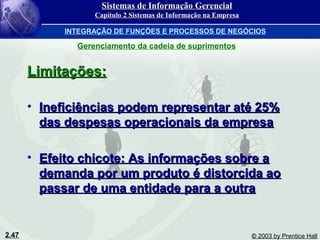2.47 © 2003 by Prentice Hall
Limitações:Limitações:
• Ineficiências podem representar até 25%Ineficiências podem representar até 25%
das despesas operacionais da empresadas despesas operacionais da empresa
• Efeito chicote: As informações sobre aEfeito chicote: As informações sobre a
demanda por um produto é distorcida aodemanda por um produto é distorcida ao
passar de uma entidade para a outrapassar de uma entidade para a outra
Sistemas de Informação GerencialSistemas de Informação Gerencial
Capítulo 2 Sistemas de Informação na EmpresaCapítulo 2 Sistemas de Informação na Empresa
INTEGRAÇÃO DE FUNÇÕES E PROCESSOS DE NEGÓCIOS
Gerenciamento da cadeia de suprimentos
 