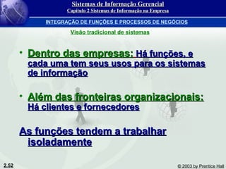 2.52 © 2003 by Prentice Hall
• Dentro das empresas:Dentro das empresas: Há funções, eHá funções, e
cada uma tem seus usos para os sistemascada uma tem seus usos para os sistemas
de informaçãode informação
• Além das fronteiras organizacionais:Além das fronteiras organizacionais:
Há clientes e fornecedoresHá clientes e fornecedores
As funções tendem a trabalharAs funções tendem a trabalhar
isoladamenteisoladamente
Visão tradicional de sistemas
Sistemas de Informação GerencialSistemas de Informação Gerencial
Capítulo 2 Sistemas de Informação na EmpresaCapítulo 2 Sistemas de Informação na Empresa
INTEGRAÇÃO DE FUNÇÕES E PROCESSOS DE NEGÓCIOS
 