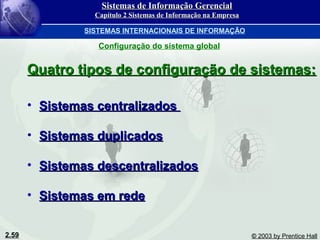 2.59 © 2003 by Prentice Hall
Quatro tipos de configuração de sistemas:Quatro tipos de configuração de sistemas:
• Sistemas centralizadosSistemas centralizados
• Sistemas duplicadosSistemas duplicados
• Sistemas descentralizadosSistemas descentralizados
• Sistemas em redeSistemas em rede
Configuração do sistema global
Sistemas de Informação GerencialSistemas de Informação Gerencial
Capítulo 2 Sistemas de Informação na EmpresaCapítulo 2 Sistemas de Informação na Empresa
SISTEMAS INTERNACIONAIS DE INFORMAÇÃO
 