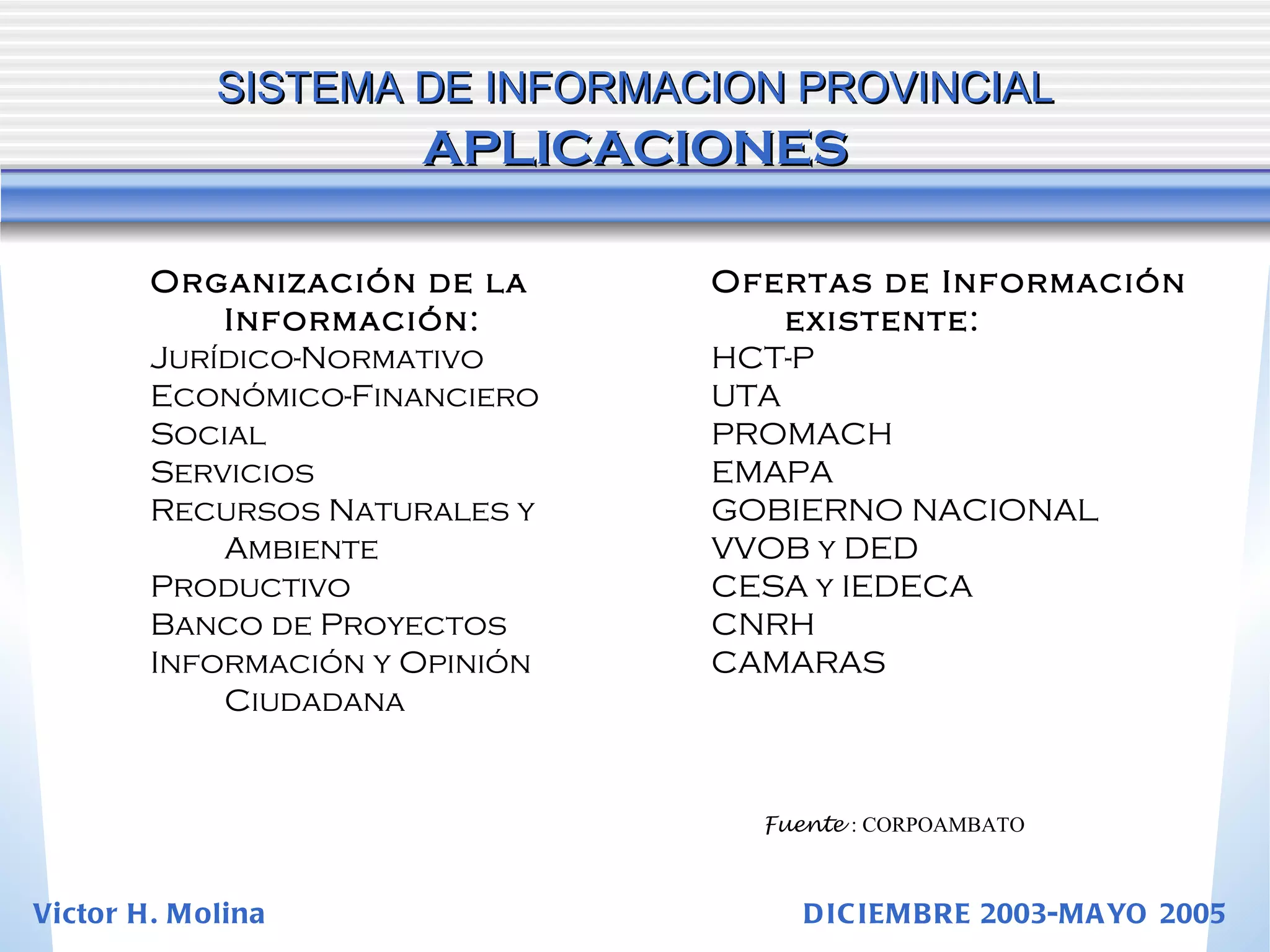 SISTEMA DE INFORMACION PROVINCIAL   APLICACIONES Organización de la Información: Jurídico-Normativo Económico-Financiero Social Servicios Recursos Naturales y Ambiente Productivo Banco de Proyectos Información y Opinión Ciudadana Ofertas de Información existente: HCT-P UTA PROMACH EMAPA GOBIERNO NACIONAL VVOB y DED CESA y IEDECA CNRH CAMARAS Fuente  : CORPOAMBATO Victor H. Molina  DICIEMBRE 2003-MAYO 2005 