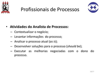 Profissionais de Processos
• Atividades do Analista de Processos:
– Contextualizar o negócio;
– Levantar informações do processo;
– Analisar o processo atual (as is);
– Desenvolver soluções para o processo (should be);
– Executar as melhorias negociadas com o dono do
processo.
18/27
 