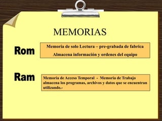 MEMORIAS
Memoria de solo Lectura – pre-grabada de fabrica
Almacena información y ordenes del equipo
Memoria de Acceso Temporal - Memoria de Trabajo
almacena los programas, archivos y datos que se encuentran
utilizando.-
 