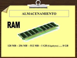 ALMACENAMIENTO
128 MB – 256 MB - 512 MB – 1 GB (Gigabytes) …. 8 GB
 