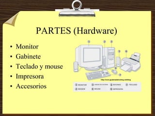 PARTES (Hardware)
• Monitor
• Gabinete
• Teclado y mouse
• Impresora
• Accesorios
 