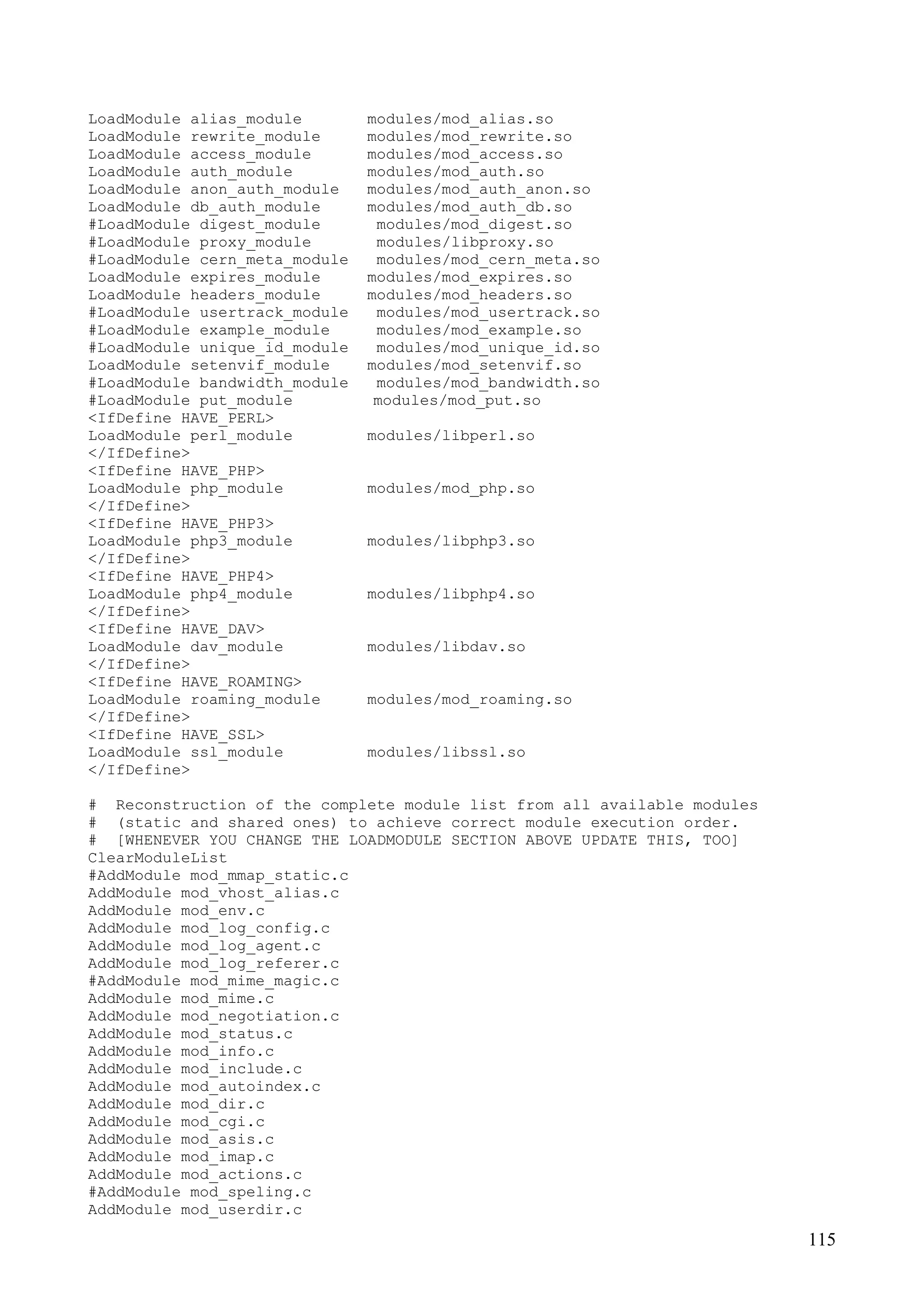 115
LoadModule alias_module modules/mod_alias.so
LoadModule rewrite_module modules/mod_rewrite.so
LoadModule access_module modules/mod_access.so
LoadModule auth_module modules/mod_auth.so
LoadModule anon_auth_module modules/mod_auth_anon.so
LoadModule db_auth_module modules/mod_auth_db.so
#LoadModule digest_module modules/mod_digest.so
#LoadModule proxy_module modules/libproxy.so
#LoadModule cern_meta_module modules/mod_cern_meta.so
LoadModule expires_module modules/mod_expires.so
LoadModule headers_module modules/mod_headers.so
#LoadModule usertrack_module modules/mod_usertrack.so
#LoadModule example_module modules/mod_example.so
#LoadModule unique_id_module modules/mod_unique_id.so
LoadModule setenvif_module modules/mod_setenvif.so
#LoadModule bandwidth_module modules/mod_bandwidth.so
#LoadModule put_module modules/mod_put.so
<IfDefine HAVE_PERL>
LoadModule perl_module modules/libperl.so
</IfDefine>
<IfDefine HAVE_PHP>
LoadModule php_module modules/mod_php.so
</IfDefine>
<IfDefine HAVE_PHP3>
LoadModule php3_module modules/libphp3.so
</IfDefine>
<IfDefine HAVE_PHP4>
LoadModule php4_module modules/libphp4.so
</IfDefine>
<IfDefine HAVE_DAV>
LoadModule dav_module modules/libdav.so
</IfDefine>
<IfDefine HAVE_ROAMING>
LoadModule roaming_module modules/mod_roaming.so
</IfDefine>
<IfDefine HAVE_SSL>
LoadModule ssl_module modules/libssl.so
</IfDefine>
# Reconstruction of the complete module list from all available modules
# (static and shared ones) to achieve correct module execution order.
# [WHENEVER YOU CHANGE THE LOADMODULE SECTION ABOVE UPDATE THIS, TOO]
ClearModuleList
#AddModule mod_mmap_static.c
AddModule mod_vhost_alias.c
AddModule mod_env.c
AddModule mod_log_config.c
AddModule mod_log_agent.c
AddModule mod_log_referer.c
#AddModule mod_mime_magic.c
AddModule mod_mime.c
AddModule mod_negotiation.c
AddModule mod_status.c
AddModule mod_info.c
AddModule mod_include.c
AddModule mod_autoindex.c
AddModule mod_dir.c
AddModule mod_cgi.c
AddModule mod_asis.c
AddModule mod_imap.c
AddModule mod_actions.c
#AddModule mod_speling.c
AddModule mod_userdir.c
 
