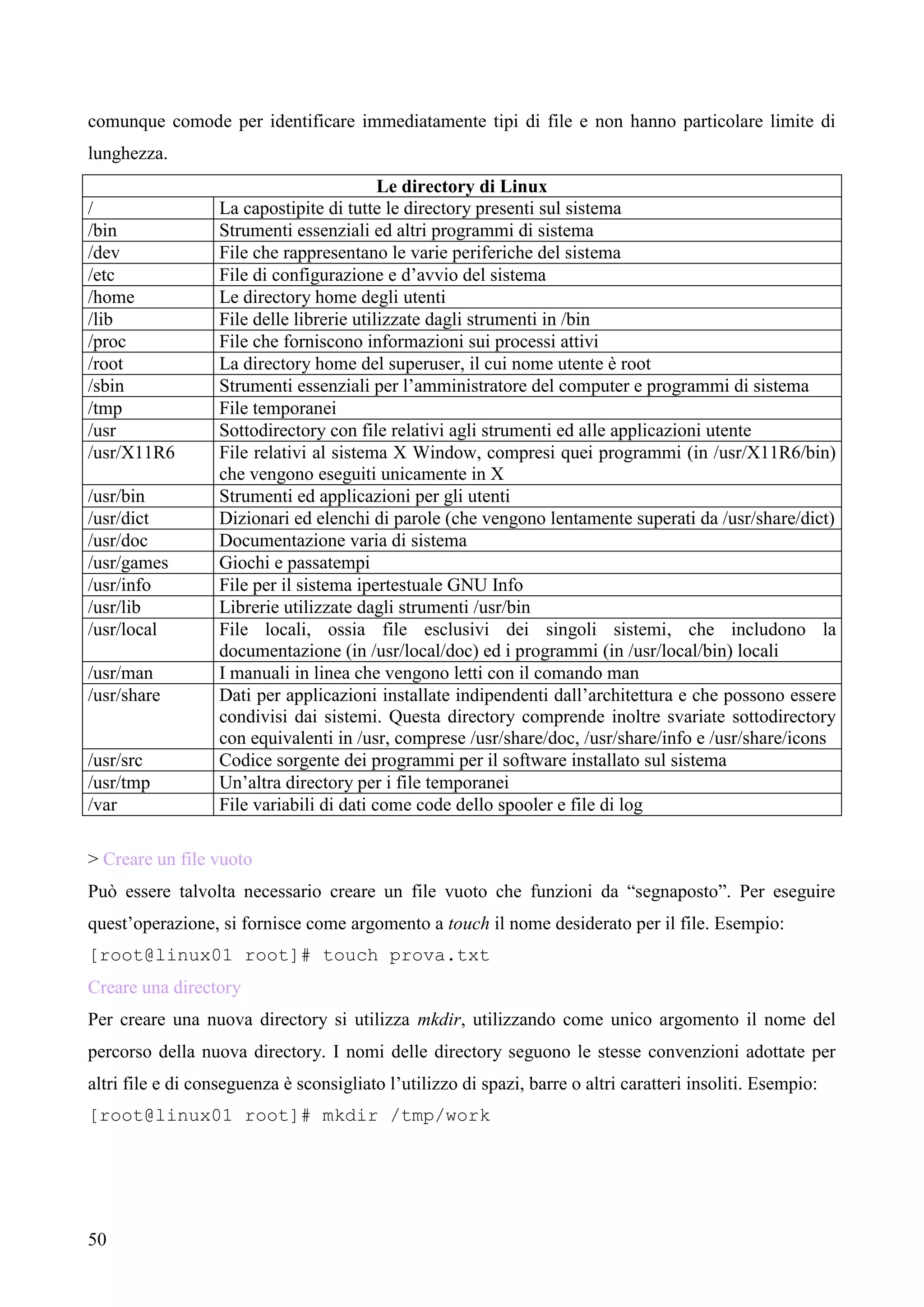 50
comunque comode per identificare immediatamente tipi di file e non hanno particolare limite di
lunghezza.
Le directory di Linux
/ La capostipite di tutte le directory presenti sul sistema
/bin Strumenti essenziali ed altri programmi di sistema
/dev File che rappresentano le varie periferiche del sistema
/etc File di configurazione e d’avvio del sistema
/home Le directory home degli utenti
/lib File delle librerie utilizzate dagli strumenti in /bin
/proc File che forniscono informazioni sui processi attivi
/root La directory home del superuser, il cui nome utente è root
/sbin Strumenti essenziali per l’amministratore del computer e programmi di sistema
/tmp File temporanei
/usr Sottodirectory con file relativi agli strumenti ed alle applicazioni utente
/usr/X11R6 File relativi al sistema X Window, compresi quei programmi (in /usr/X11R6/bin)
che vengono eseguiti unicamente in X
/usr/bin Strumenti ed applicazioni per gli utenti
/usr/dict Dizionari ed elenchi di parole (che vengono lentamente superati da /usr/share/dict)
/usr/doc Documentazione varia di sistema
/usr/games Giochi e passatempi
/usr/info File per il sistema ipertestuale GNU Info
/usr/lib Librerie utilizzate dagli strumenti /usr/bin
/usr/local File locali, ossia file esclusivi dei singoli sistemi, che includono la
documentazione (in /usr/local/doc) ed i programmi (in /usr/local/bin) locali
/usr/man I manuali in linea che vengono letti con il comando man
/usr/share Dati per applicazioni installate indipendenti dall’architettura e che possono essere
condivisi dai sistemi. Questa directory comprende inoltre svariate sottodirectory
con equivalenti in /usr, comprese /usr/share/doc, /usr/share/info e /usr/share/icons
/usr/src Codice sorgente dei programmi per il software installato sul sistema
/usr/tmp Un’altra directory per i file temporanei
/var File variabili di dati come code dello spooler e file di log
> Creare un file vuoto
Può essere talvolta necessario creare un file vuoto che funzioni da “segnaposto”. Per eseguire
quest’operazione, si fornisce come argomento a touch il nome desiderato per il file. Esempio:
[root@linux01 root]# touch prova.txt
Creare una directory
Per creare una nuova directory si utilizza mkdir, utilizzando come unico argomento il nome del
percorso della nuova directory. I nomi delle directory seguono le stesse convenzioni adottate per
altri file e di conseguenza è sconsigliato l’utilizzo di spazi, barre o altri caratteri insoliti. Esempio:
[root@linux01 root]# mkdir /tmp/work
 
