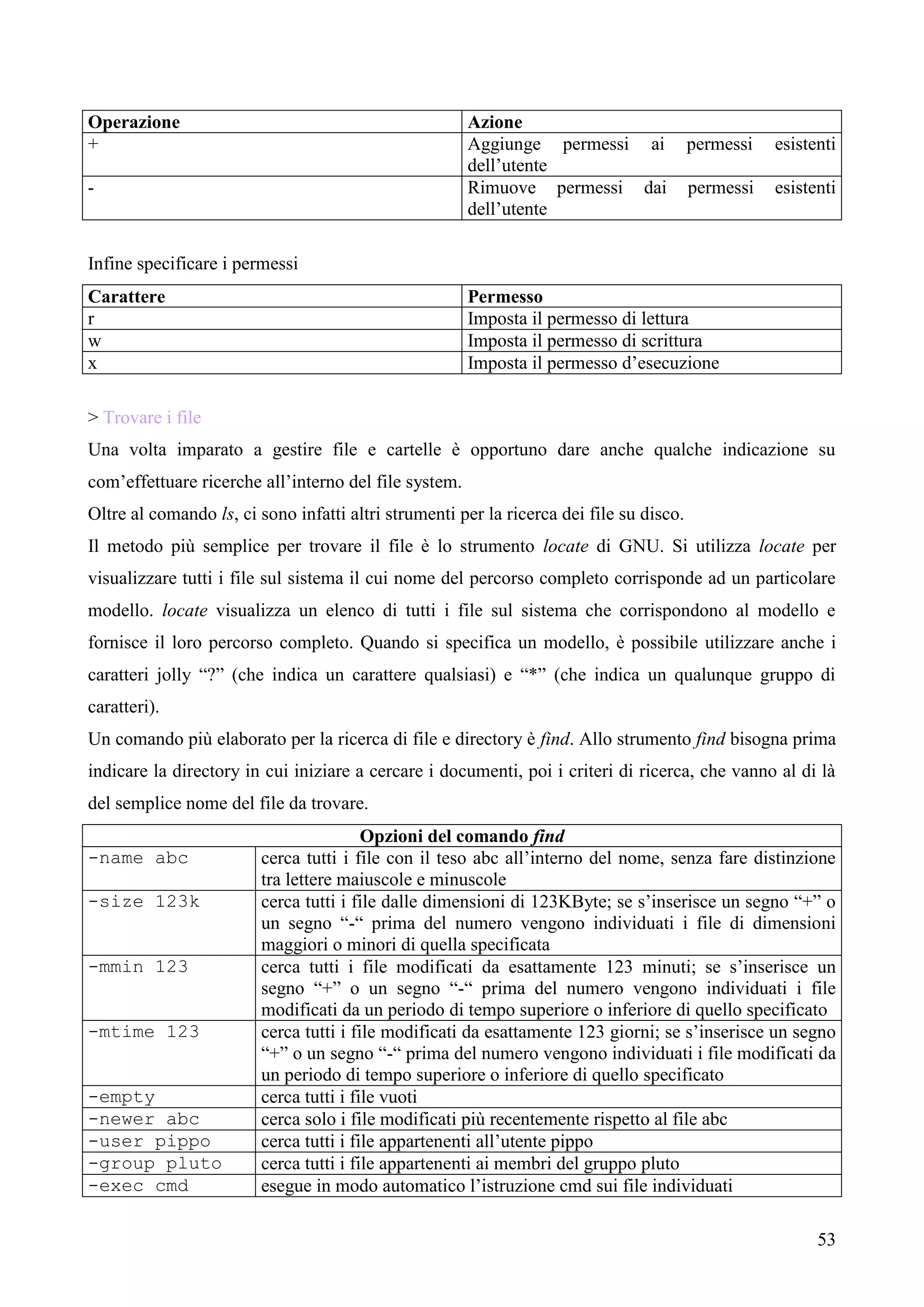 53
Operazione Azione
+ Aggiunge permessi ai permessi esistenti
dell’utente
- Rimuove permessi dai permessi esistenti
dell’utente
Infine specificare i permessi
Carattere Permesso
r Imposta il permesso di lettura
w Imposta il permesso di scrittura
x Imposta il permesso d’esecuzione
> Trovare i file
Una volta imparato a gestire file e cartelle è opportuno dare anche qualche indicazione su
com’effettuare ricerche all’interno del file system.
Oltre al comando ls, ci sono infatti altri strumenti per la ricerca dei file su disco.
Il metodo più semplice per trovare il file è lo strumento locate di GNU. Si utilizza locate per
visualizzare tutti i file sul sistema il cui nome del percorso completo corrisponde ad un particolare
modello. locate visualizza un elenco di tutti i file sul sistema che corrispondono al modello e
fornisce il loro percorso completo. Quando si specifica un modello, è possibile utilizzare anche i
caratteri jolly “?” (che indica un carattere qualsiasi) e “*” (che indica un qualunque gruppo di
caratteri).
Un comando più elaborato per la ricerca di file e directory è find. Allo strumento find bisogna prima
indicare la directory in cui iniziare a cercare i documenti, poi i criteri di ricerca, che vanno al di là
del semplice nome del file da trovare.
Opzioni del comando find
-name abc cerca tutti i file con il teso abc all’interno del nome, senza fare distinzione
tra lettere maiuscole e minuscole
-size 123k cerca tutti i file dalle dimensioni di 123KByte; se s’inserisce un segno “+” o
un segno “-“ prima del numero vengono individuati i file di dimensioni
maggiori o minori di quella specificata
-mmin 123 cerca tutti i file modificati da esattamente 123 minuti; se s’inserisce un
segno “+” o un segno “-“ prima del numero vengono individuati i file
modificati da un periodo di tempo superiore o inferiore di quello specificato
-mtime 123 cerca tutti i file modificati da esattamente 123 giorni; se s’inserisce un segno
“+” o un segno “-“ prima del numero vengono individuati i file modificati da
un periodo di tempo superiore o inferiore di quello specificato
-empty cerca tutti i file vuoti
-newer abc cerca solo i file modificati più recentemente rispetto al file abc
-user pippo cerca tutti i file appartenenti all’utente pippo
-group pluto cerca tutti i file appartenenti ai membri del gruppo pluto
-exec cmd esegue in modo automatico l’istruzione cmd sui file individuati
 