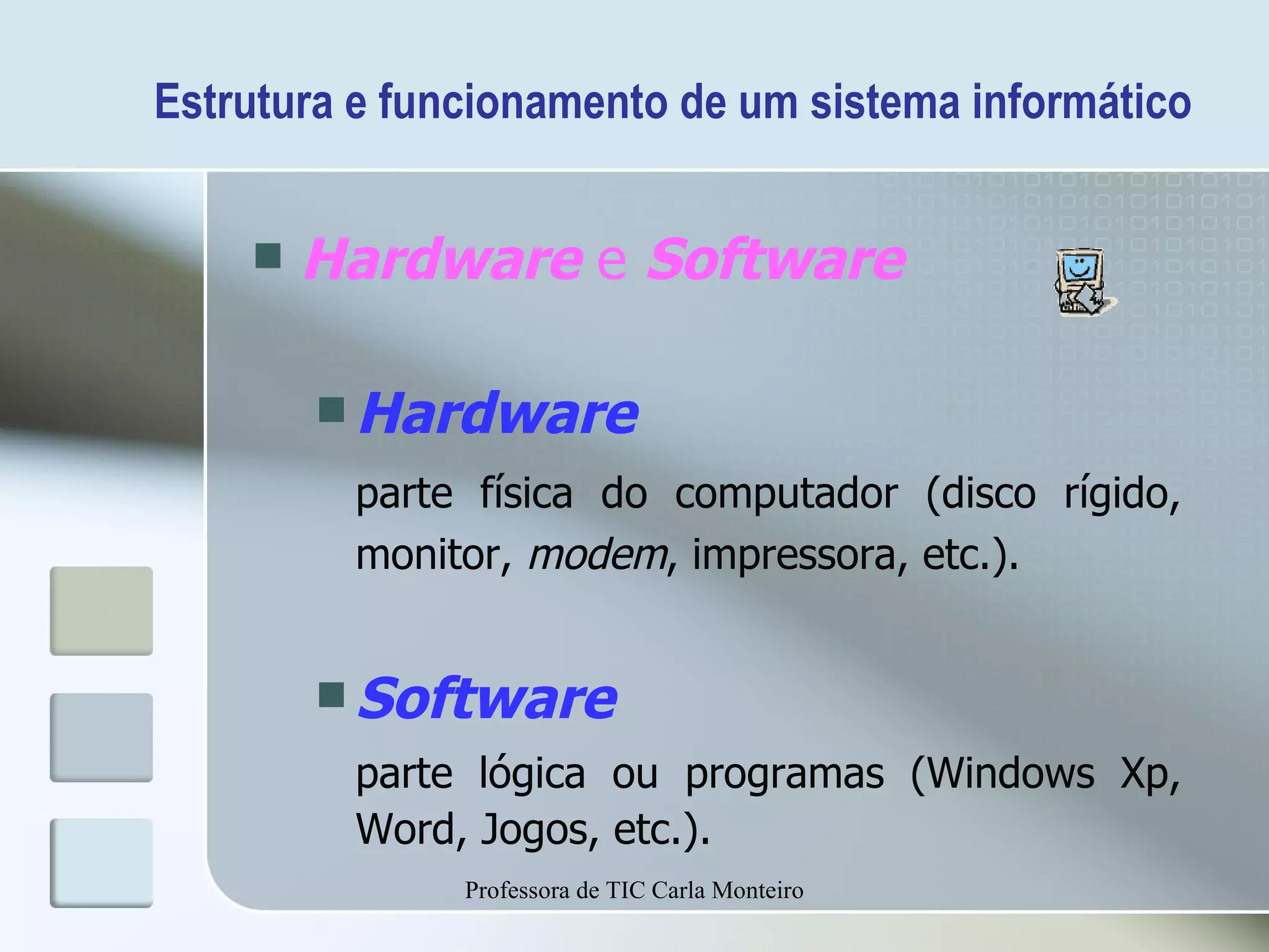 Estrutura e funcionamento de um sistema informático  Hardware  e  Software   Hardware parte física do computador (disco rígido, monitor,  modem , impressora, etc.). Software   parte lógica ou programas (Windows Xp, Word, Jogos, etc.). Professora de TIC Carla Monteiro 