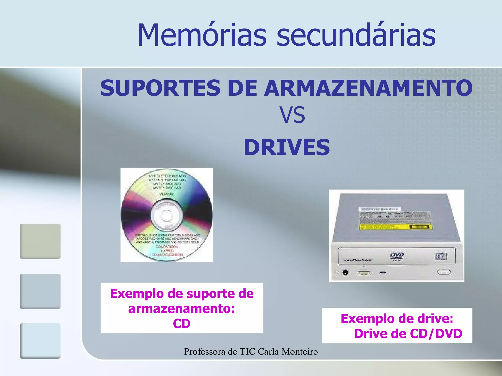 Memórias secundárias SUPORTES DE ARMAZENAMENTO  VS  DRIVES Exemplo de suporte de armazenamento: CD Exemplo de drive: Drive de CD/DVD Professora de TIC Carla Monteiro 