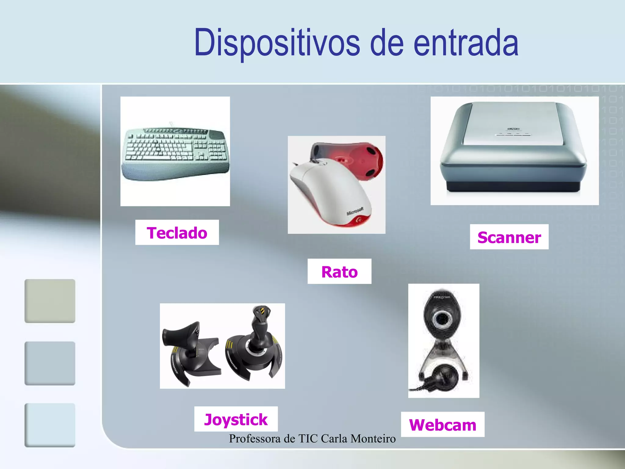 Dispositivos de entrada Teclado Rato Scanner Joystick Webcam Professora de TIC Carla Monteiro 