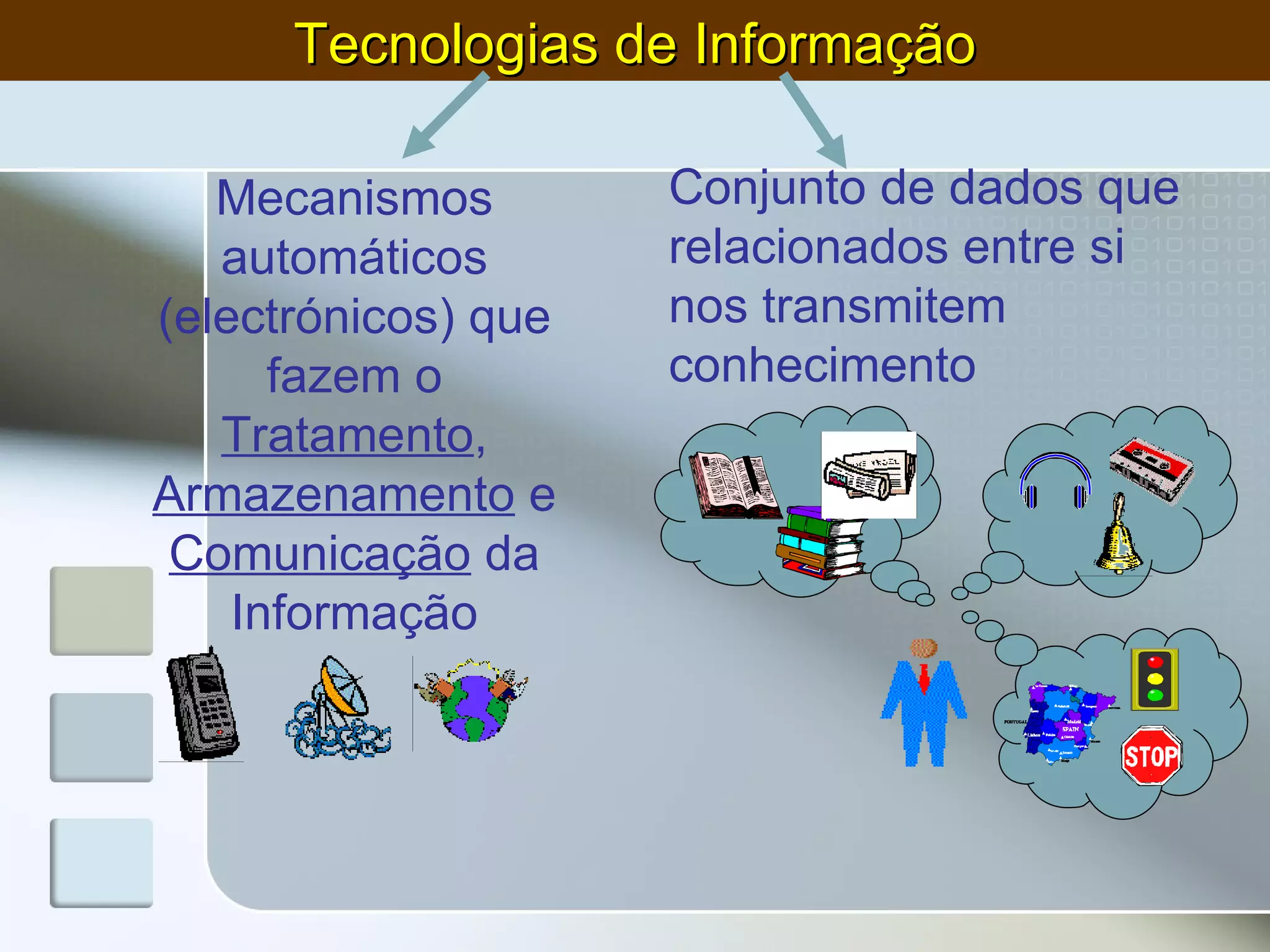 Conjunto de dados que relacionados entre si nos transmitem conhecimento Mecanismos automáticos (electrónicos) que fazem o  Tratamento ,  Armazenamento  e  Comunicação  da Informação Tecnologias de Informação 